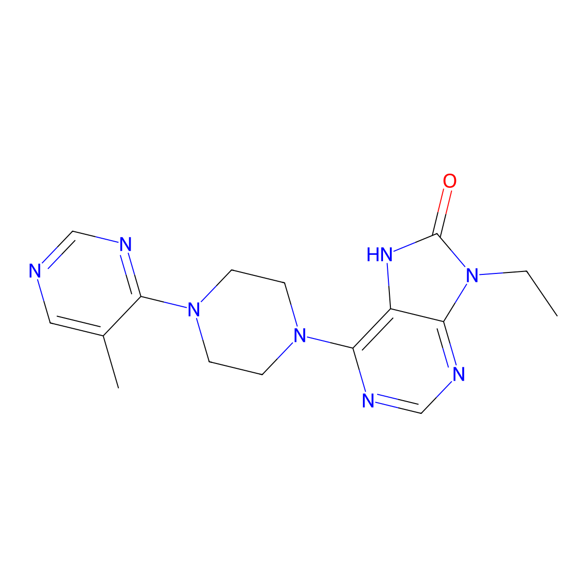 9-ethyl-6-[4-(5-methylpyrimidin-4-yl)piperazin-1-yl]-8,9-dihydro-7H-purin-8-one molecular structure, CAS 2742041-40-1