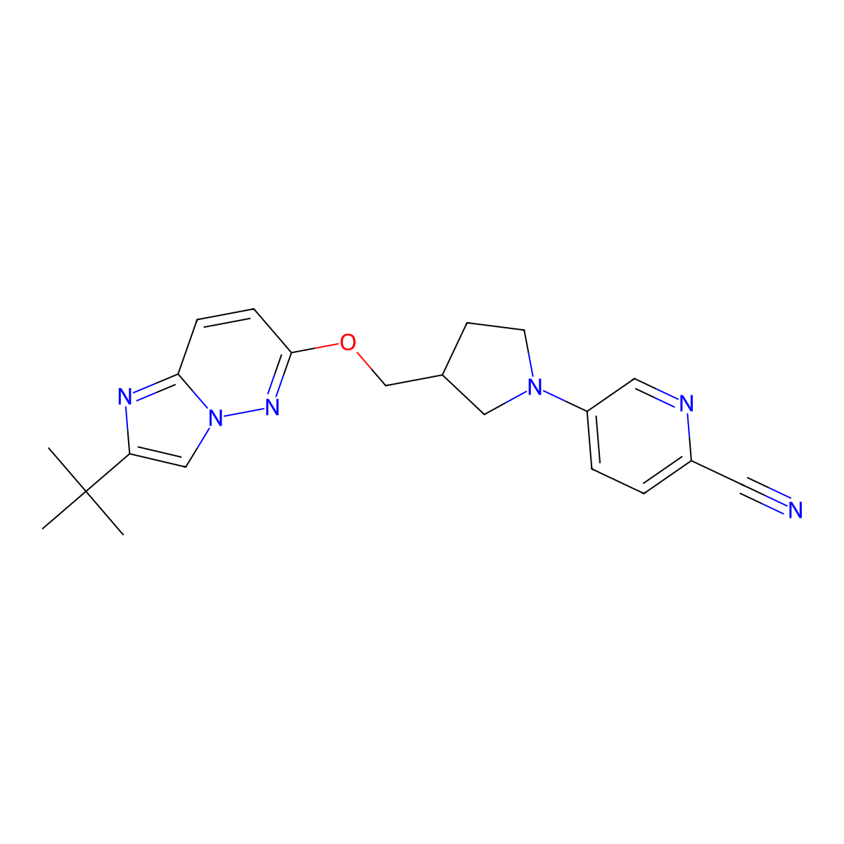 5-{3-[({2-Tert-butylimidazo[1,2-b]pyridazin-6-yl}oxy)methyl]pyrrolidin-1-yl}pyridine-2-carbonitrile molecular structure, CAS 2742041-46-7