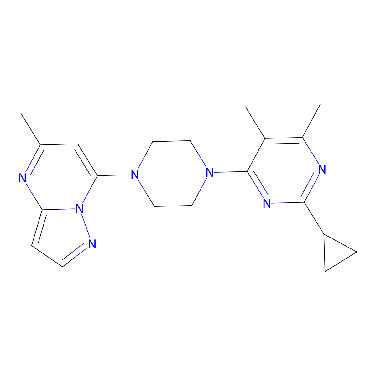 2-Cyclopropyl-4,5-dimethyl-6-(4-{5-methylpyrazolo[1,5-a]pyrimidin-7-yl}piperazin-1-yl)pyrimidine molecular structure, CAS 2742041-47-8