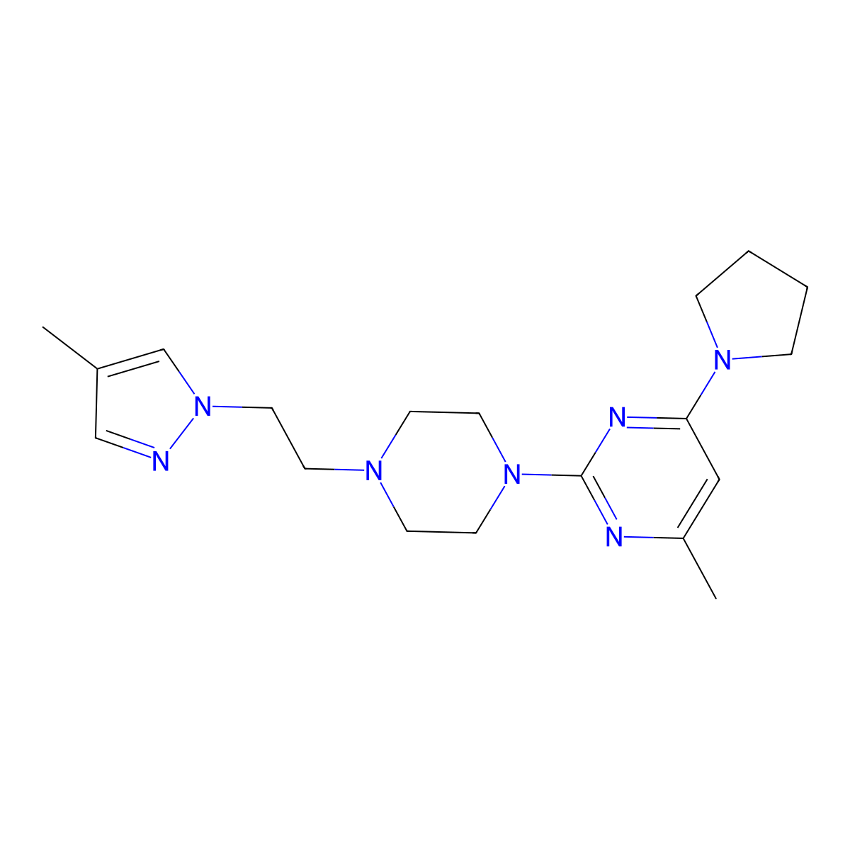 4-methyl-2-{4-[2-(4-methyl-1H-pyrazol-1-yl)ethyl]piperazin-1-yl}-6-(pyrrolidin-1-yl)pyrimidine molecular structure, CAS 2742041-51-4
