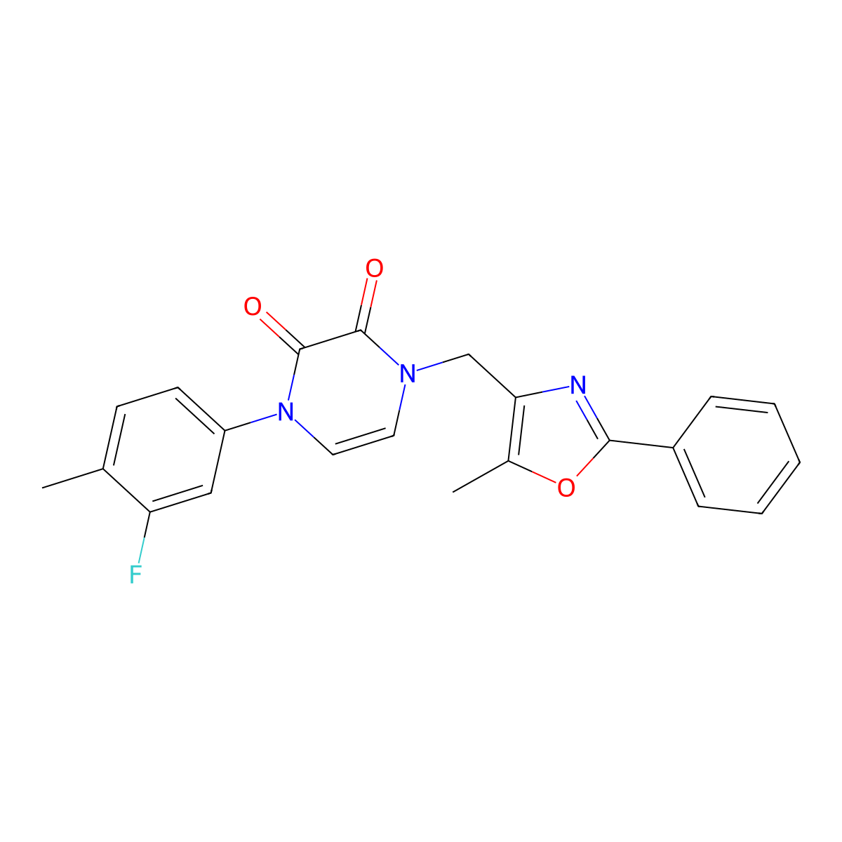 1-(3-Fluoro-4-methylphenyl)-4-[(5-methyl-2-phenyl-1,3-oxazol-4-yl)methyl]-1,2,3,4-tetrahydropyrazine-2,3-dione molecular structure, CAS 2742041-56-9