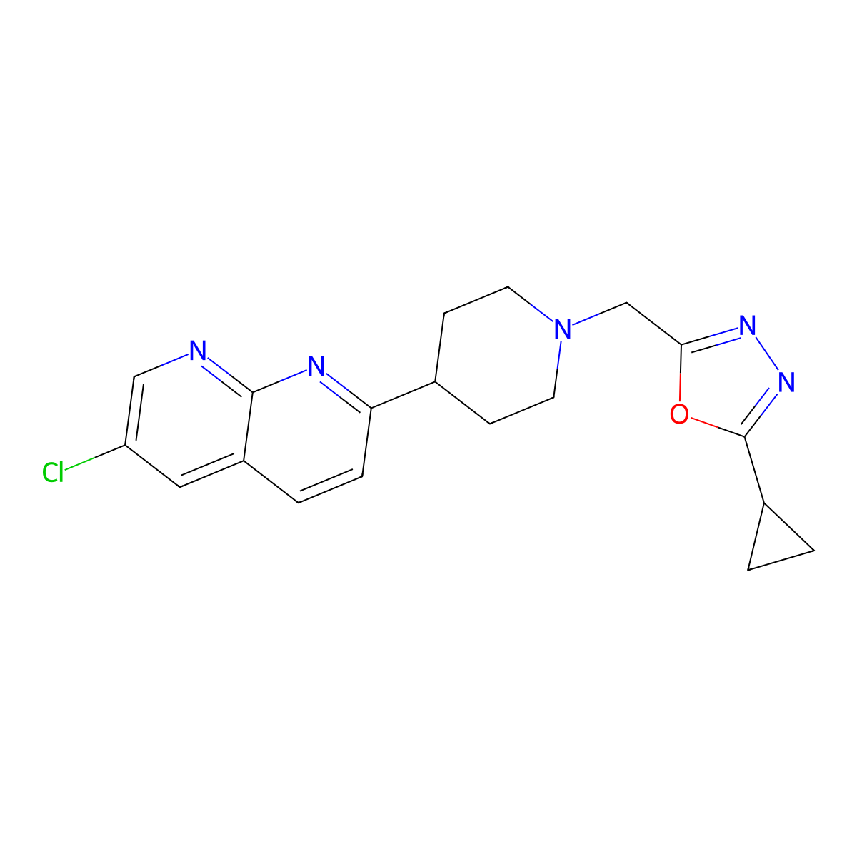 6-Chloro-2-{1-[(5-cyclopropyl-1,3,4-oxadiazol-2-yl)methyl]piperidin-4-yl}-1,8-naphthyridine molecular structure, CAS 2742041-58-1