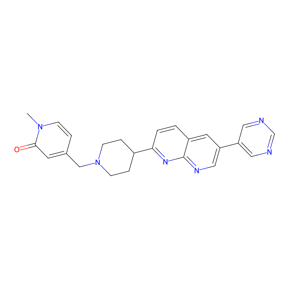 1-Methyl-4-({4-[6-(pyrimidin-5-yl)-1,8-naphthyridin-2-yl]piperidin-1-yl}methyl)-1,2-dihydropyridin-2-one molecular structure, CAS 2742041-62-7