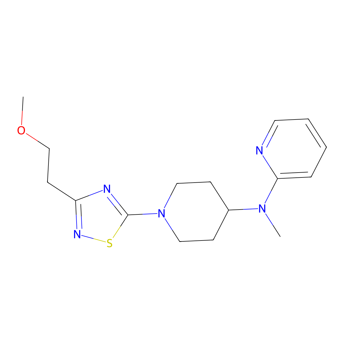 N-{1-[3-(2-methoxyethyl)-1,2,4-thiadiazol-5-yl]piperidin-4-yl}-N-methylpyridin-2-amine molecular structure, CAS 2742041-64-9