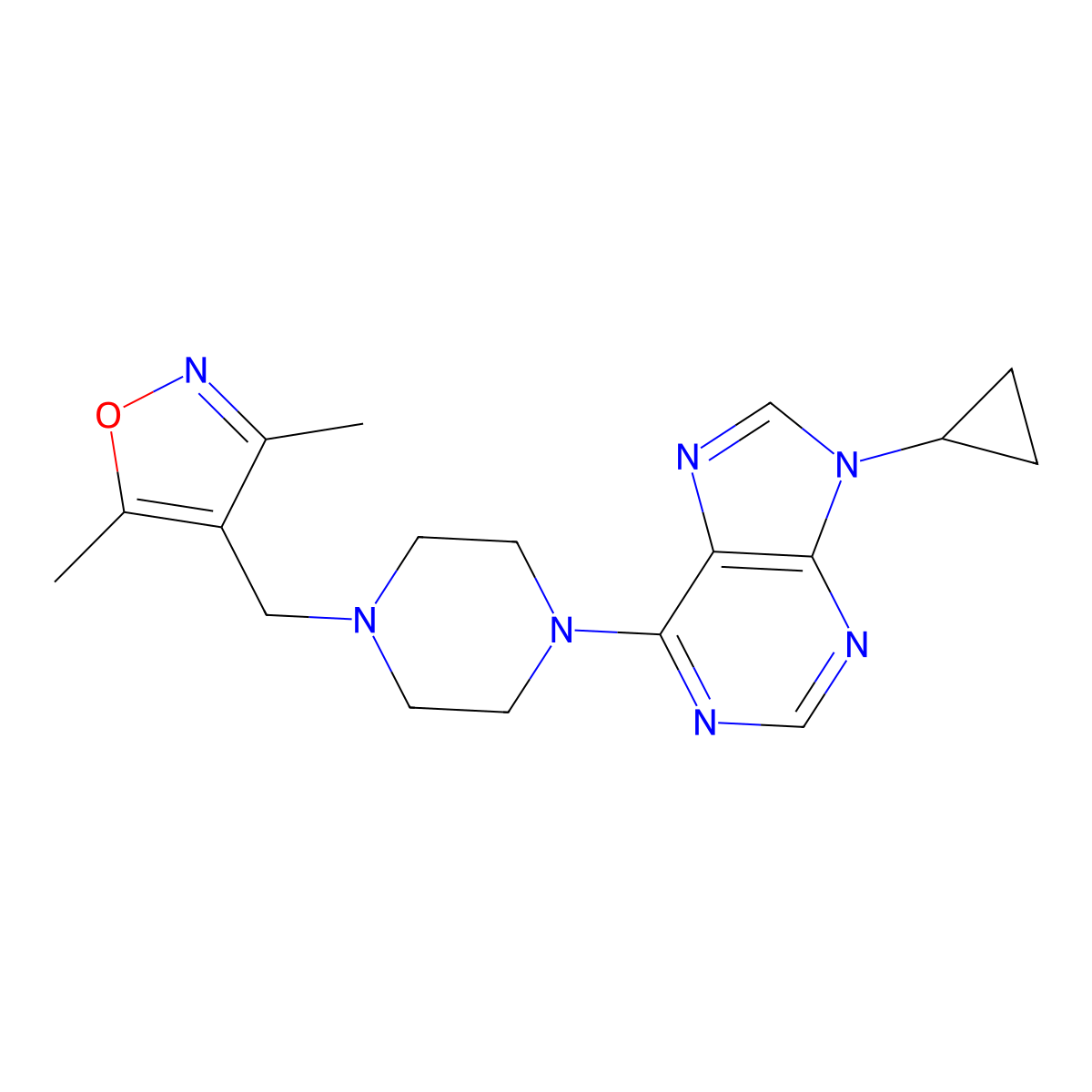 9-cyclopropyl-6-{4-[(3,5-dimethyl-1,2-oxazol-4-yl)methyl]piperazin-1-yl}-9H-purine molecular structure, CAS 2742041-65-0