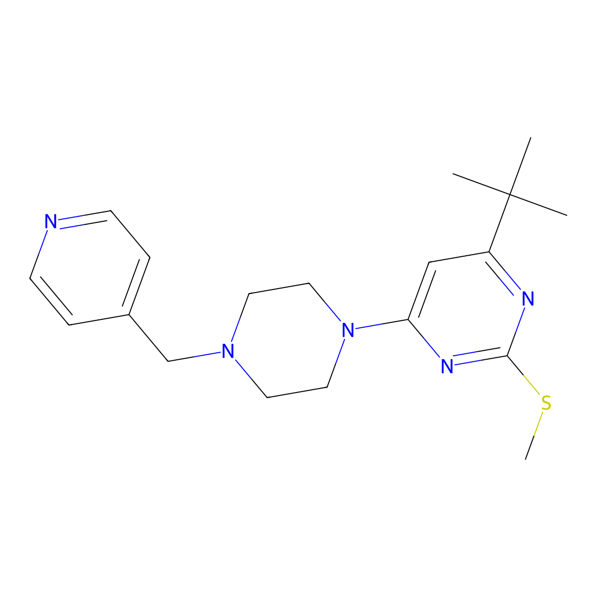 4-Tert-butyl-2-(methylsulfanyl)-6-{4-[(pyridin-4-yl)methyl]piperazin-1-yl}pyrimidine molecular structure, CAS 2742041-67-2