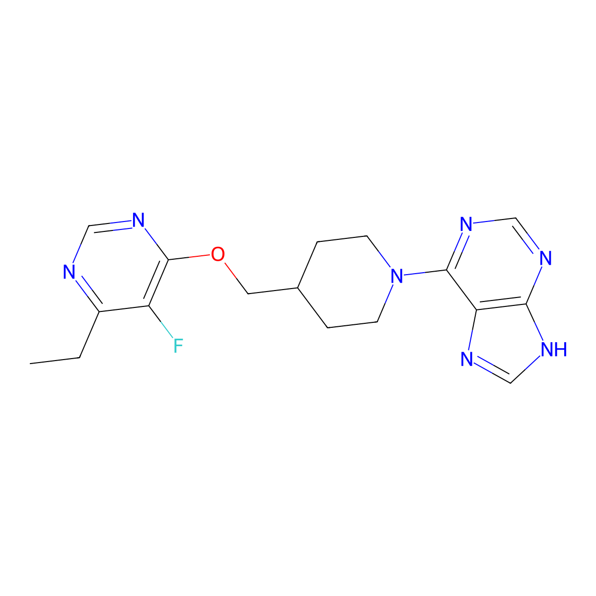 6-(4-{[(6-ethyl-5-fluoropyrimidin-4-yl)oxy]methyl}piperidin-1-yl)-9H-purine molecular structure, CAS 2742041-72-9