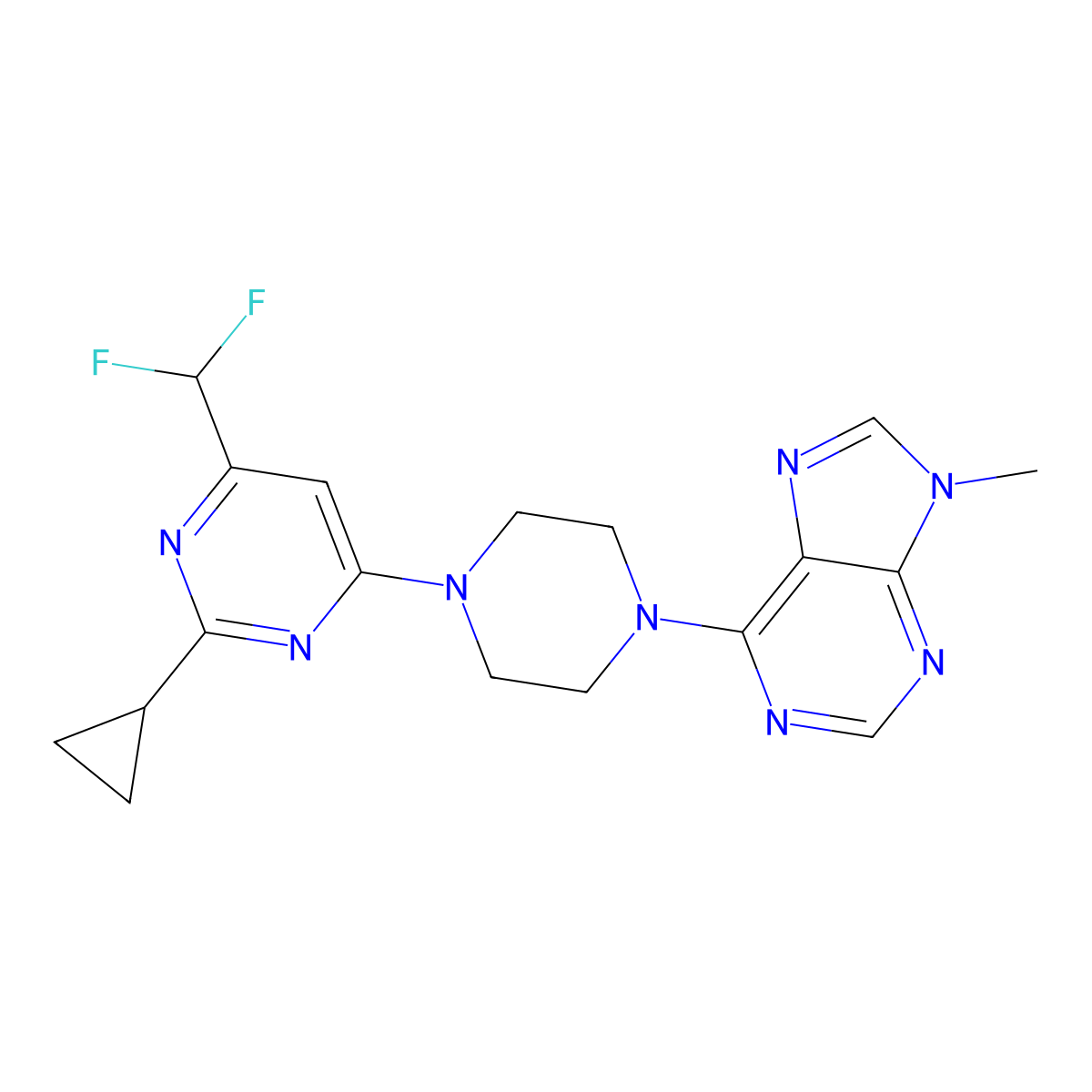 6-{4-[2-cyclopropyl-6-(difluoromethyl)pyrimidin-4-yl]piperazin-1-yl}-9-methyl-9H-purine molecular structure, CAS 2742041-73-0