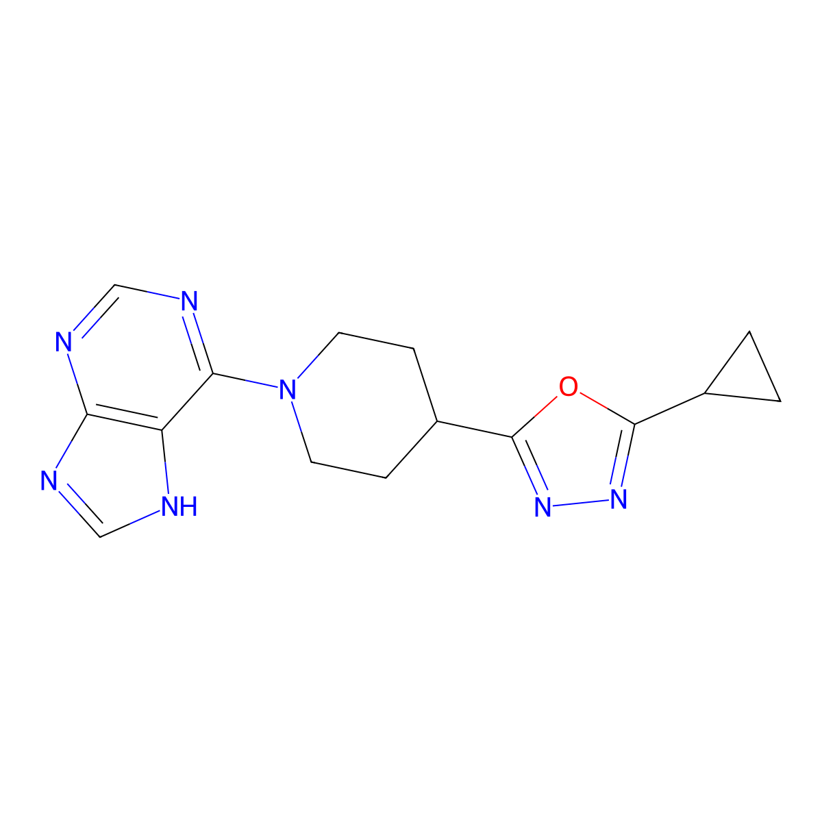 6-[4-(5-cyclopropyl-1,3,4-oxadiazol-2-yl)piperidin-1-yl]-9H-purine molecular structure, CAS 2742041-82-1