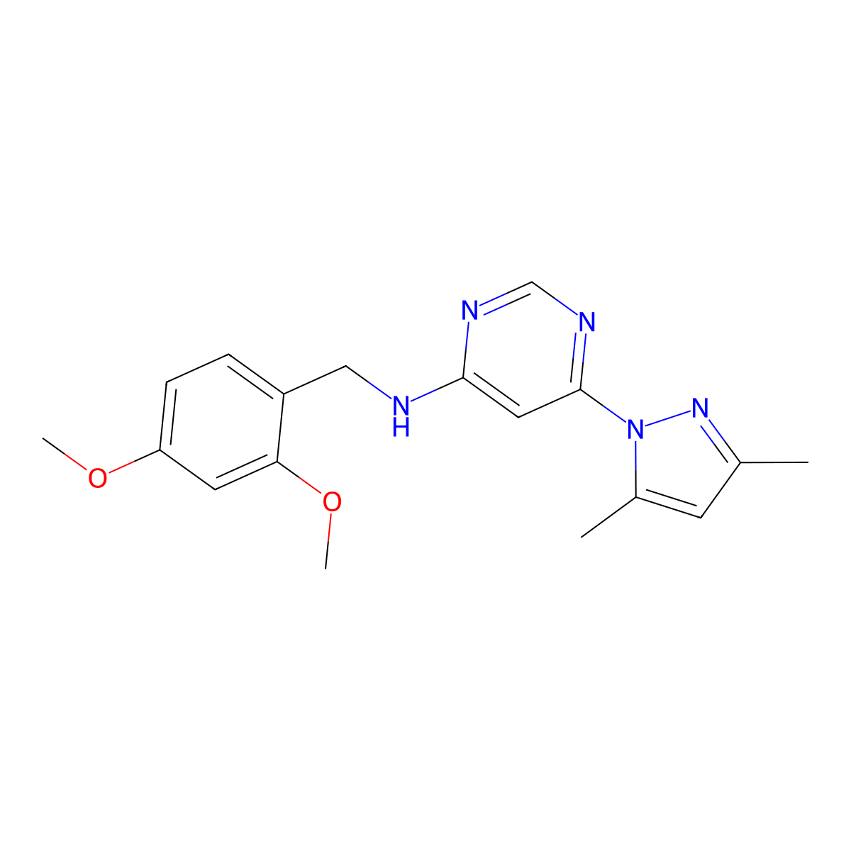 N-[(2,4-dimethoxyphenyl)methyl]-6-(3,5-dimethyl-1H-pyrazol-1-yl)pyrimidin-4-amine molecular structure, CAS 2742041-85-4