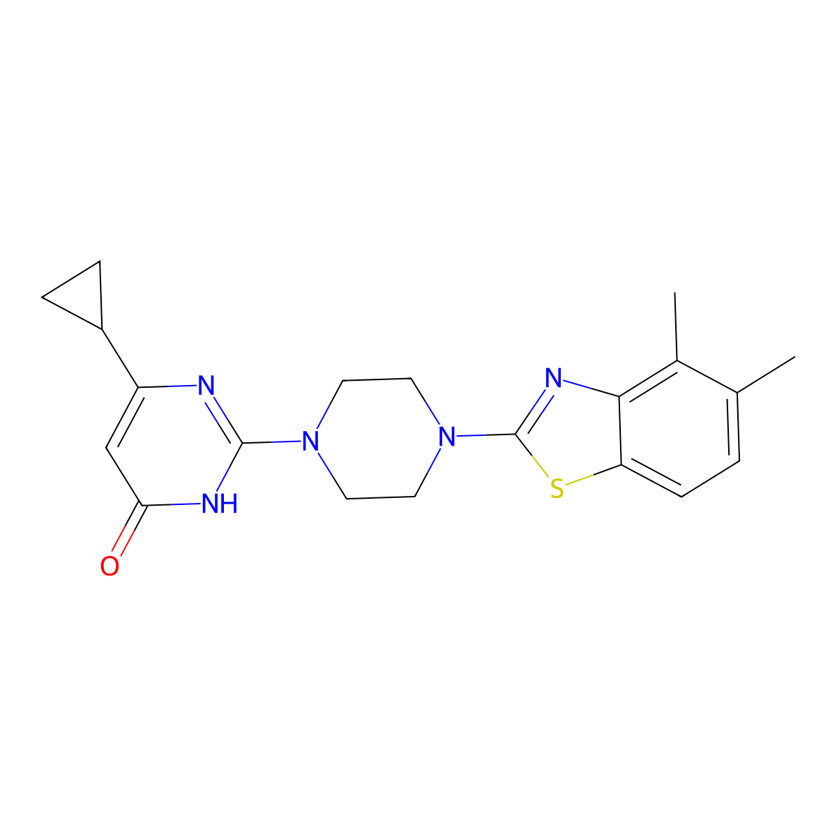 6-Cyclopropyl-2-[4-(4,5-dimethyl-1,3-benzothiazol-2-yl)piperazin-1-yl]-3,4-dihydropyrimidin-4-one molecular structure, CAS 2742041-86-5