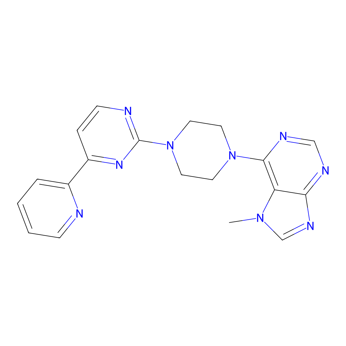 7-methyl-6-{4-[4-(pyridin-2-yl)pyrimidin-2-yl]piperazin-1-yl}-7H-purine molecular structure, CAS 2742041-91-2
