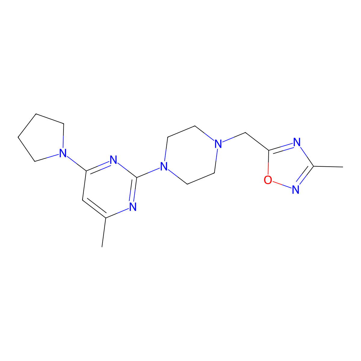 4-Methyl-2-{4-[(3-methyl-1,2,4-oxadiazol-5-yl)methyl]piperazin-1-yl}-6-(pyrrolidin-1-yl)pyrimidine molecular structure, CAS 2742041-95-6