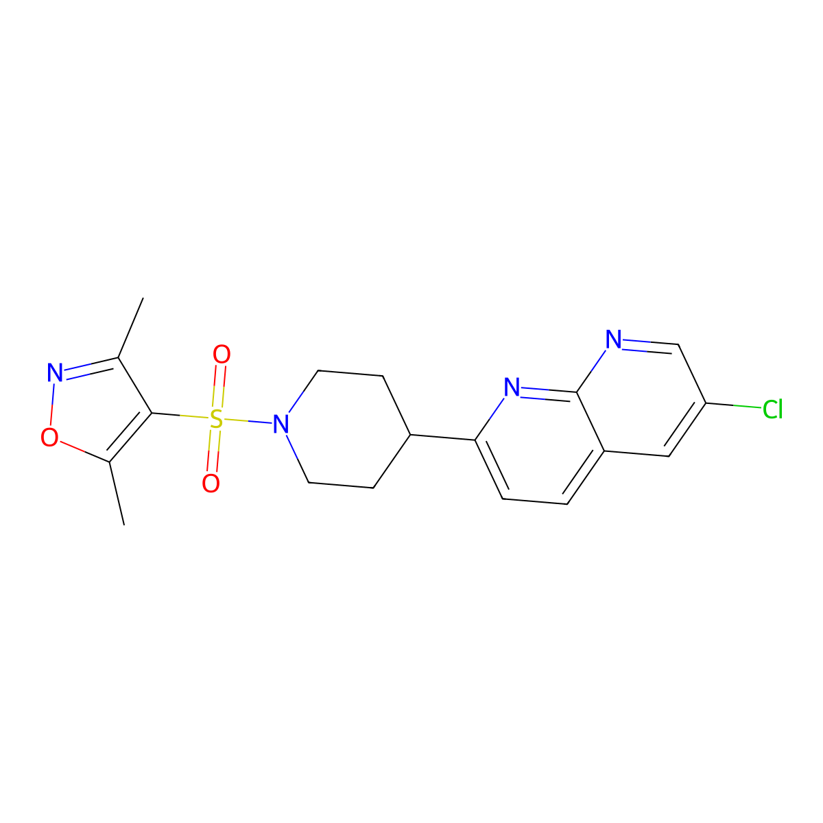 6-Chloro-2-{1-[(3,5-dimethyl-1,2-oxazol-4-yl)sulfonyl]piperidin-4-yl}-1,8-naphthyridine molecular structure, CAS 2742042-03-9