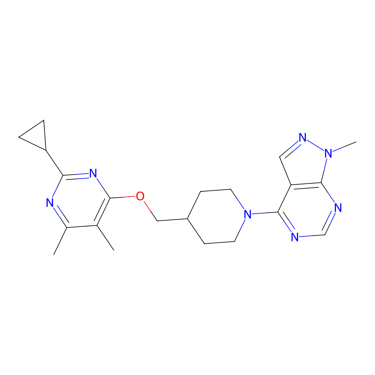 2-cyclopropyl-4,5-dimethyl-6-[(1-{1-methyl-1H-pyrazolo[3,4-d]pyrimidin-4-yl}piperidin-4-yl)methoxy]pyrimidine molecular structure, CAS 2742042-06-2