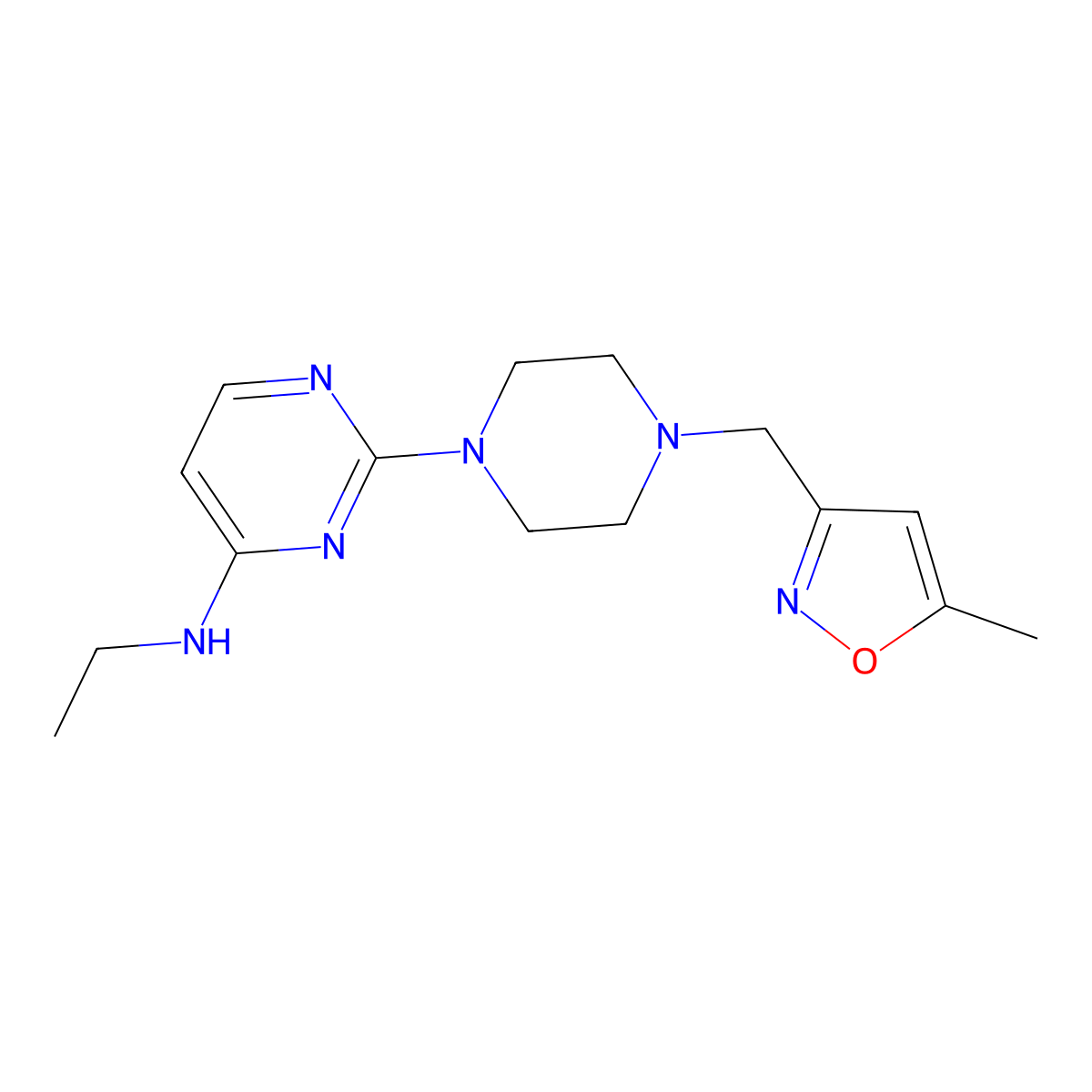 N-ethyl-2-{4-[(5-methyl-1,2-oxazol-3-yl)methyl]piperazin-1-yl}pyrimidin-4-amine molecular structure, CAS 2742042-20-0