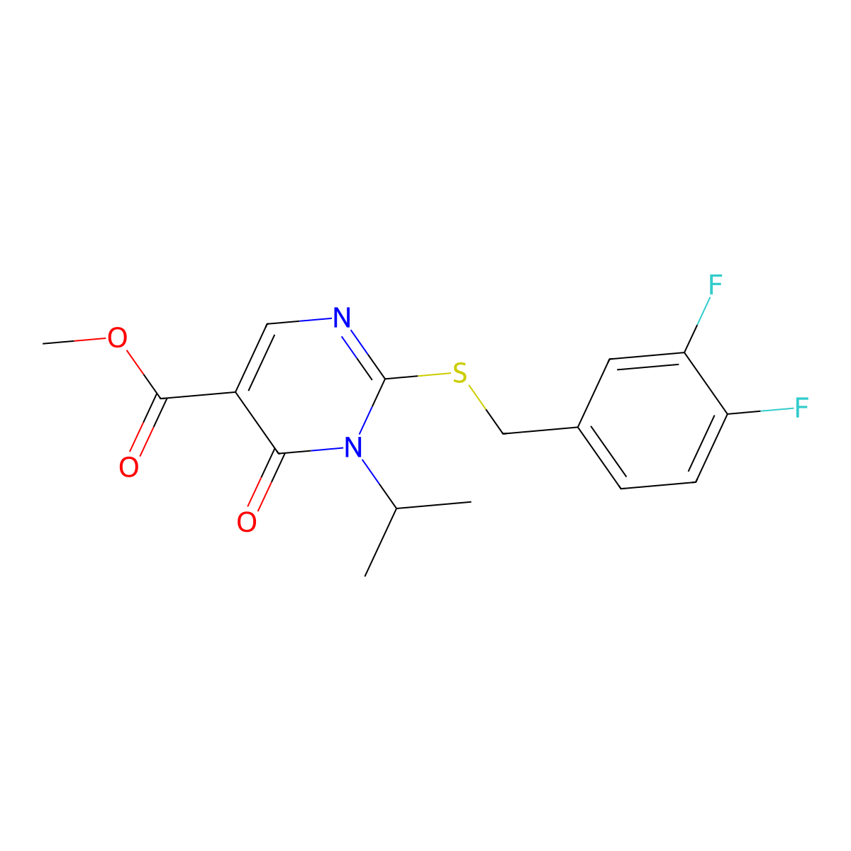 Methyl 2-{[(3,4-difluorophenyl)methyl]sulfanyl}-6-oxo-1-(propan-2-yl)-1,6-dihydropyrimidine-5-carboxylate molecular structure, CAS 2742042-23-3