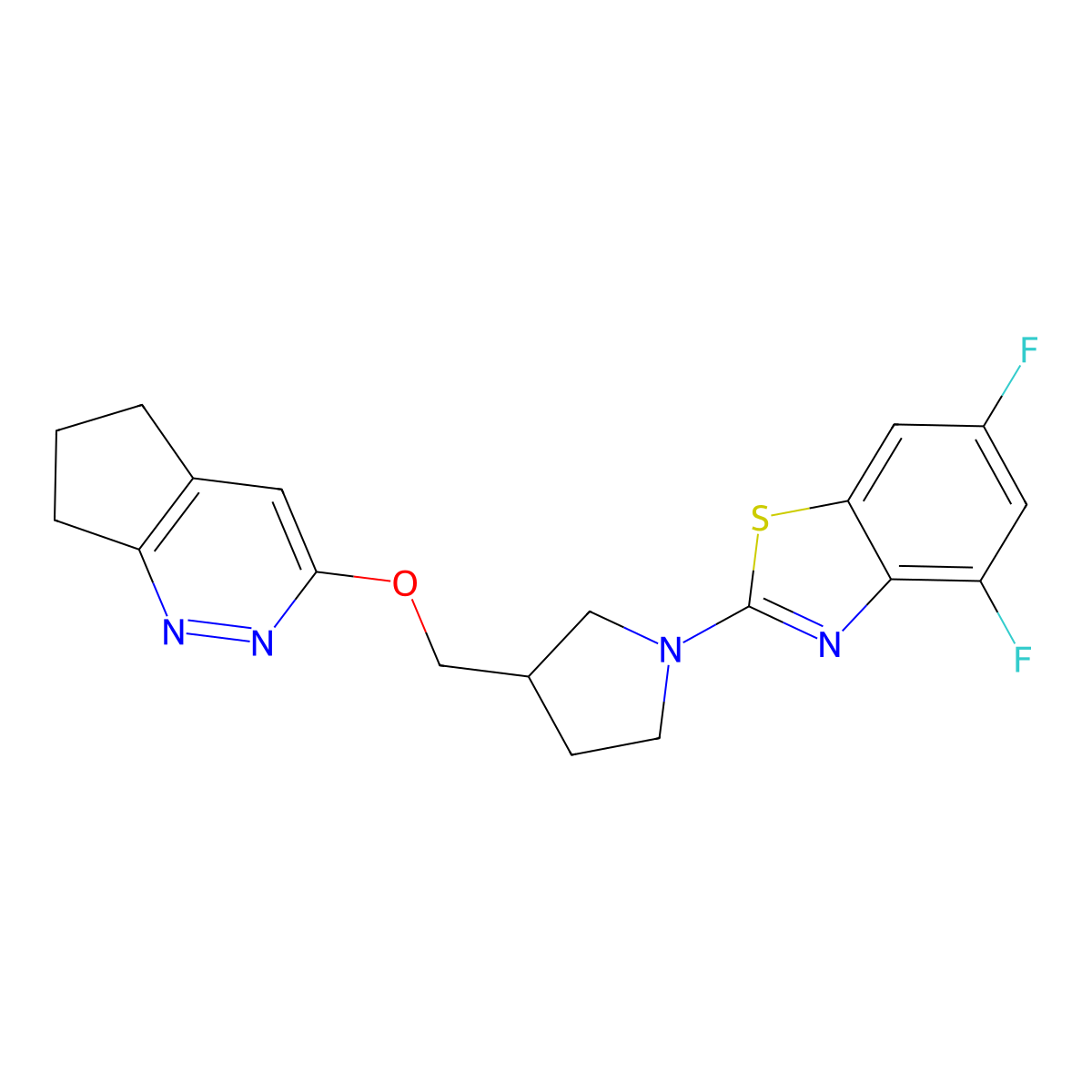 2-[3-({5H,6H,7H-cyclopenta[c]pyridazin-3-yloxy}methyl)pyrrolidin-1-yl]-4,6-difluoro-1,3-benzothiazole molecular structure, CAS 2742042-28-8