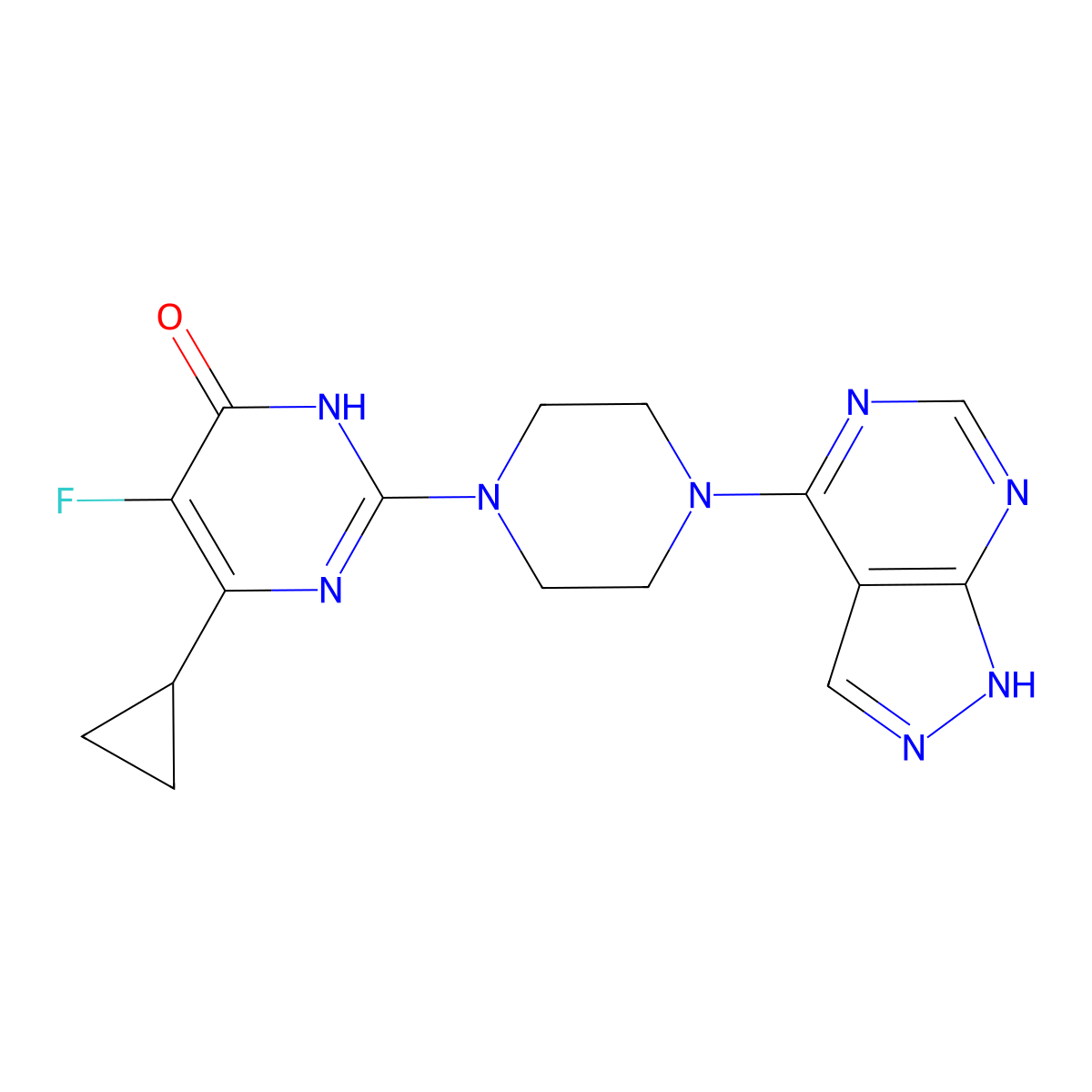 6-cyclopropyl-5-fluoro-2-(4-{1H-pyrazolo[3,4-d]pyrimidin-4-yl}piperazin-1-yl)-3,4-dihydropyrimidin-4-one molecular structure, CAS 2742042-29-9