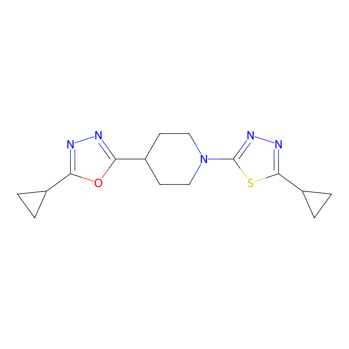 4-(5-Cyclopropyl-1,3,4-oxadiazol-2-yl)-1-(5-cyclopropyl-1,3,4-thiadiazol-2-yl)piperidine molecular structure, CAS 2742042-30-2
