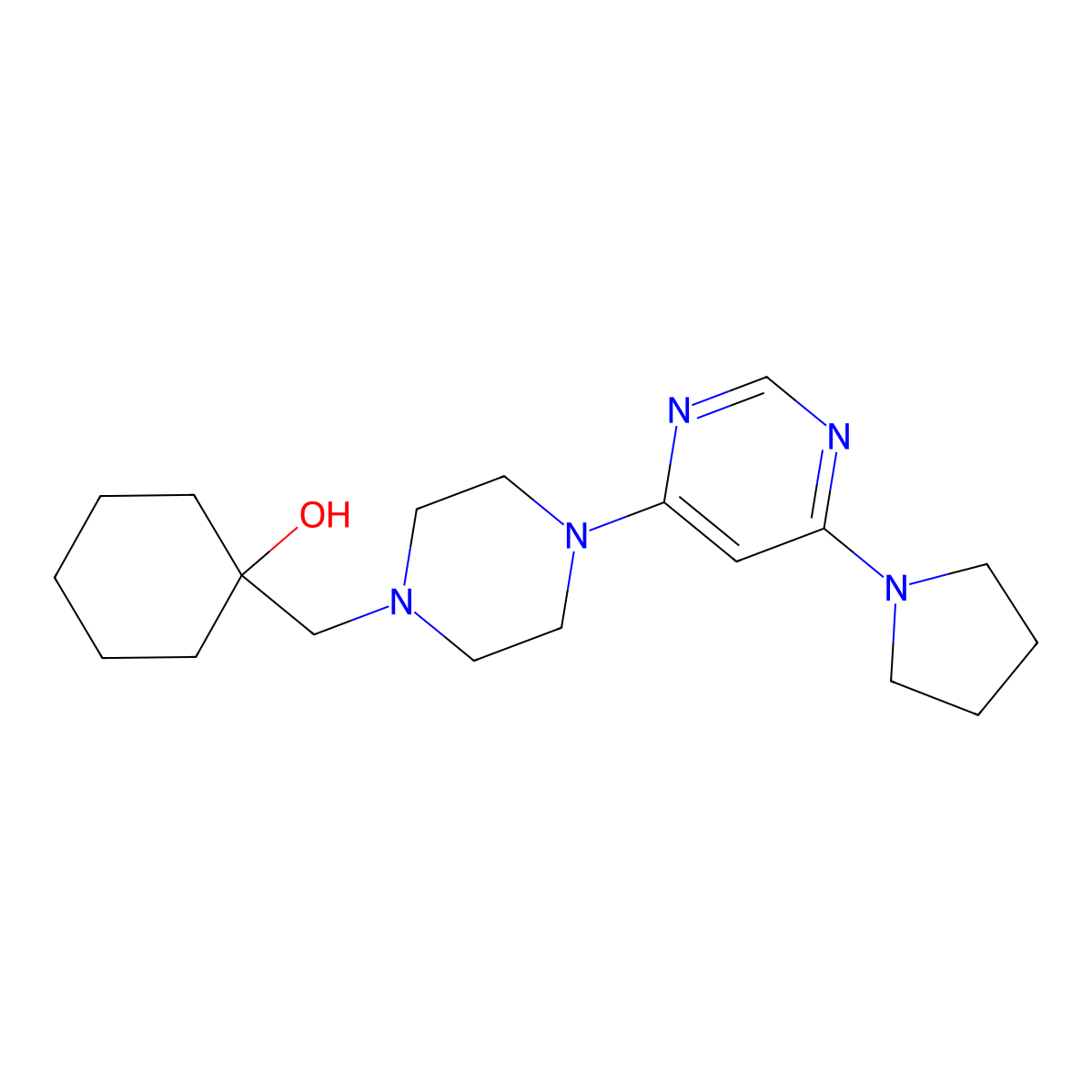 1-({4-[6-(Pyrrolidin-1-yl)pyrimidin-4-yl]piperazin-1-yl}methyl)cyclohexan-1-ol molecular structure, CAS 2742042-35-7
