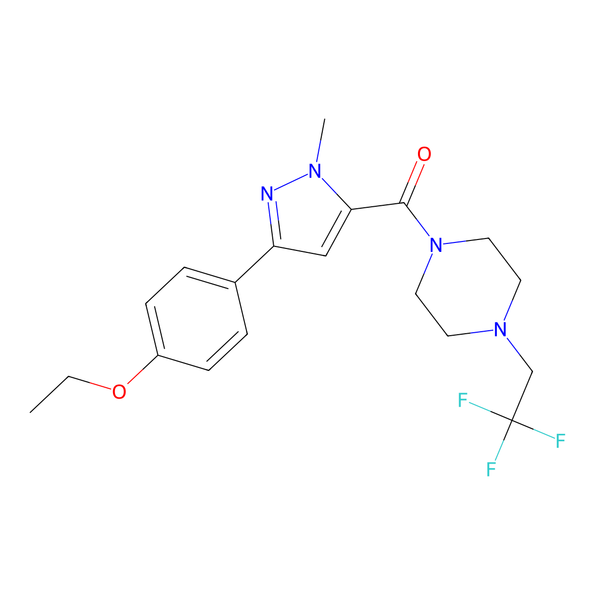 1-[3-(4-ethoxyphenyl)-1-methyl-1H-pyrazole-5-carbonyl]-4-(2,2,2-trifluoroethyl)piperazine molecular structure, CAS 2742042-36-8