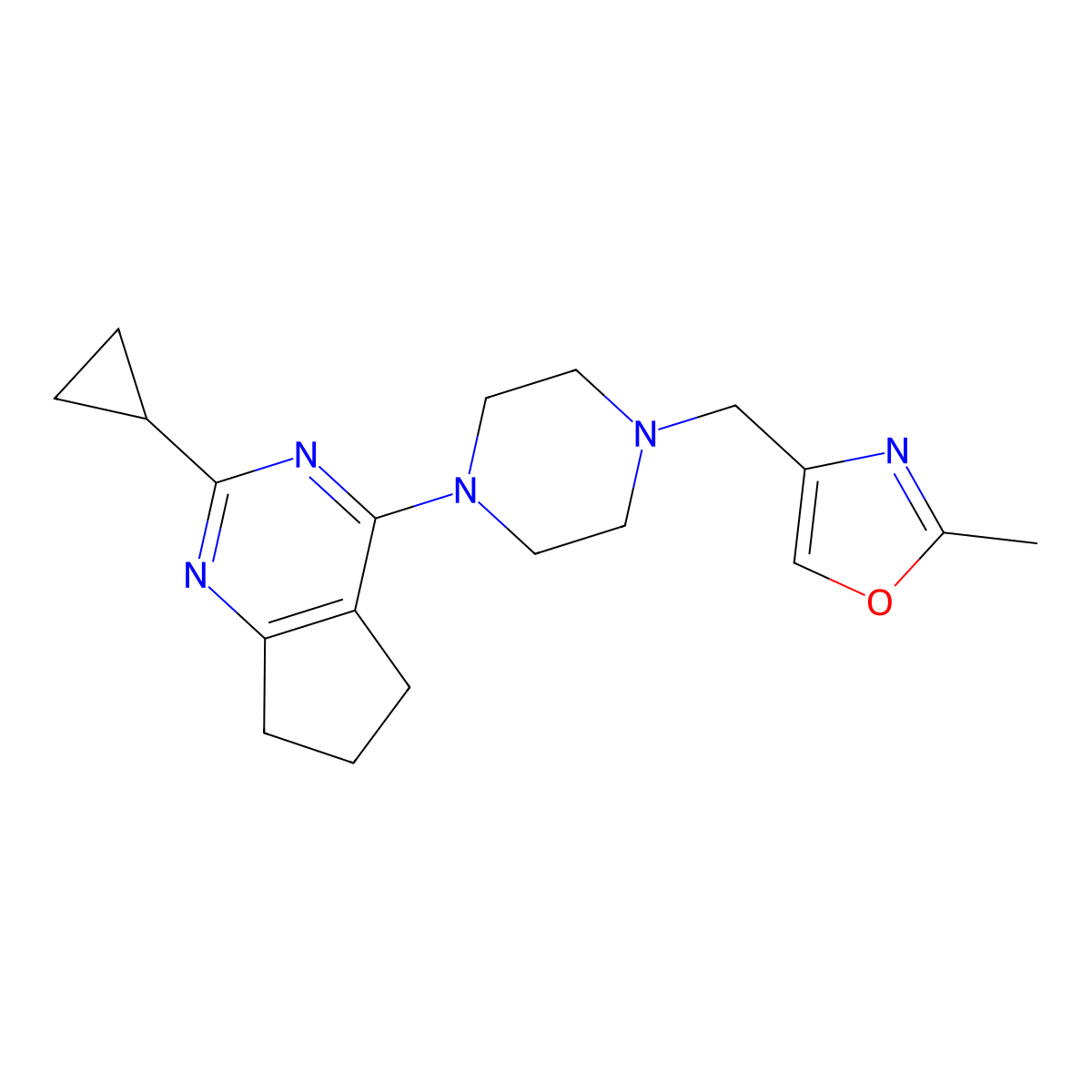 1-{2-cyclopropyl-5H,6H,7H-cyclopenta[d]pyrimidin-4-yl}-4-[(2-methyl-1,3-oxazol-4-yl)methyl]piperazine molecular structure, CAS 2742042-43-7