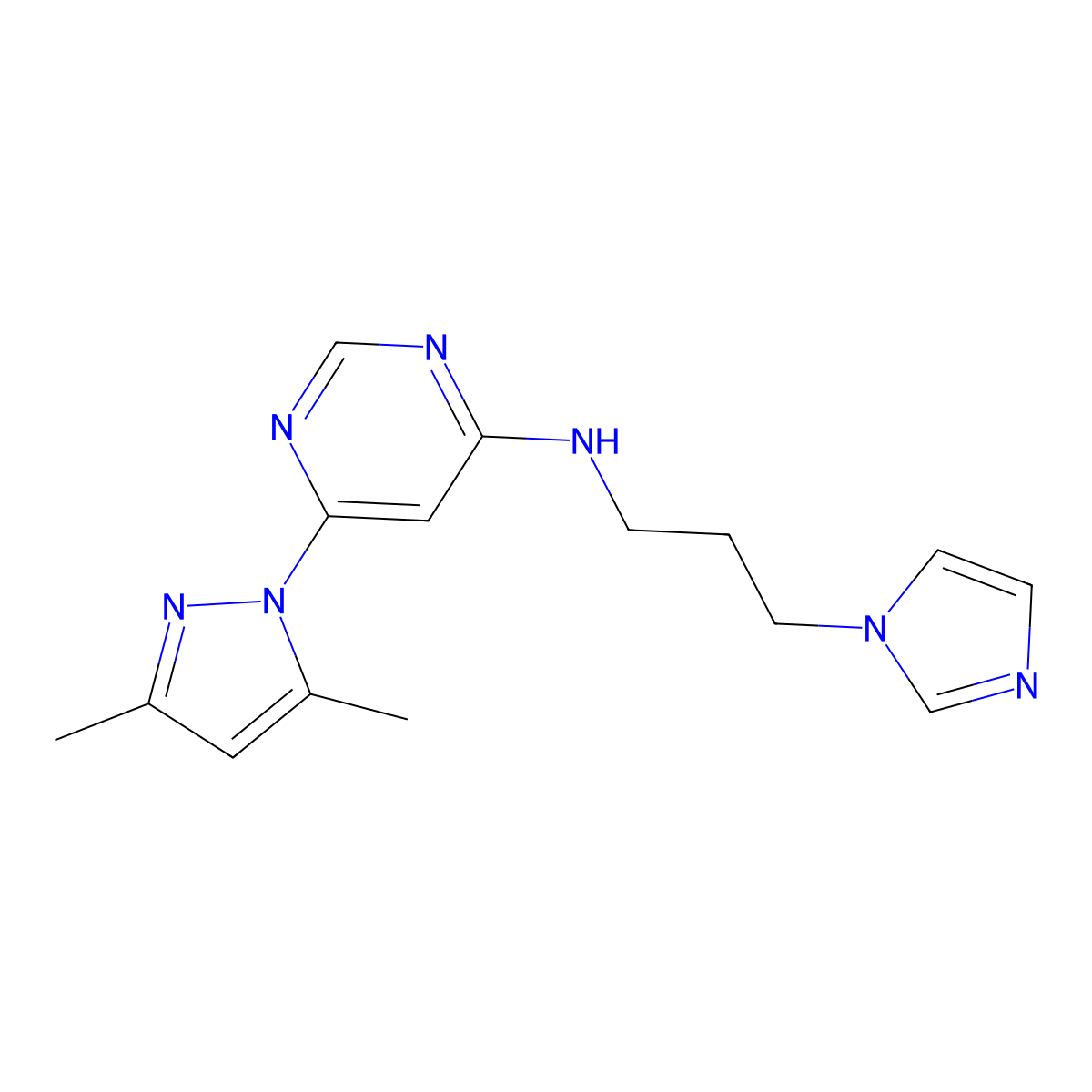 6-(3,5-dimethyl-1H-pyrazol-1-yl)-N-[3-(1H-imidazol-1-yl)propyl]pyrimidin-4-amine molecular structure, CAS 2742042-48-2