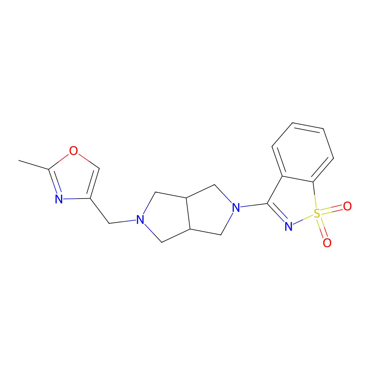 3-[2-[(2-Methyl-1,3-oxazol-4-yl)methyl]-1,3,3a,4,6,6a-hexahydropyrrolo[3,4-c]pyrrol-5-yl]-1,2-benzothiazole 1,1-dioxide molecular structure, CAS 2742042-54-0