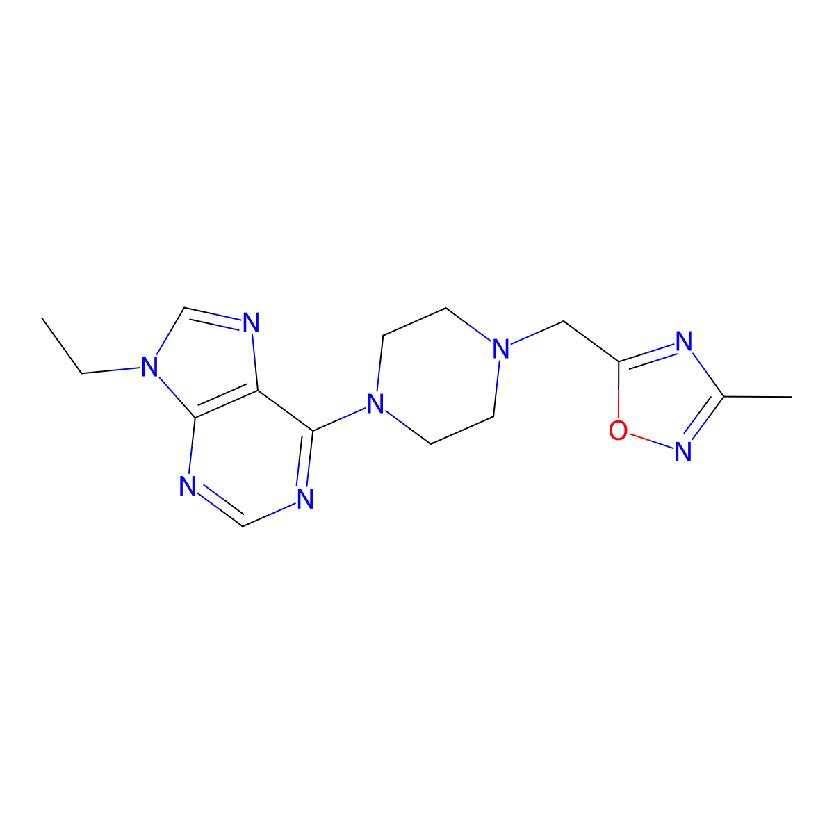 9-ethyl-6-{4-[(3-methyl-1,2,4-oxadiazol-5-yl)methyl]piperazin-1-yl}-9H-purine molecular structure, CAS 2742042-57-3