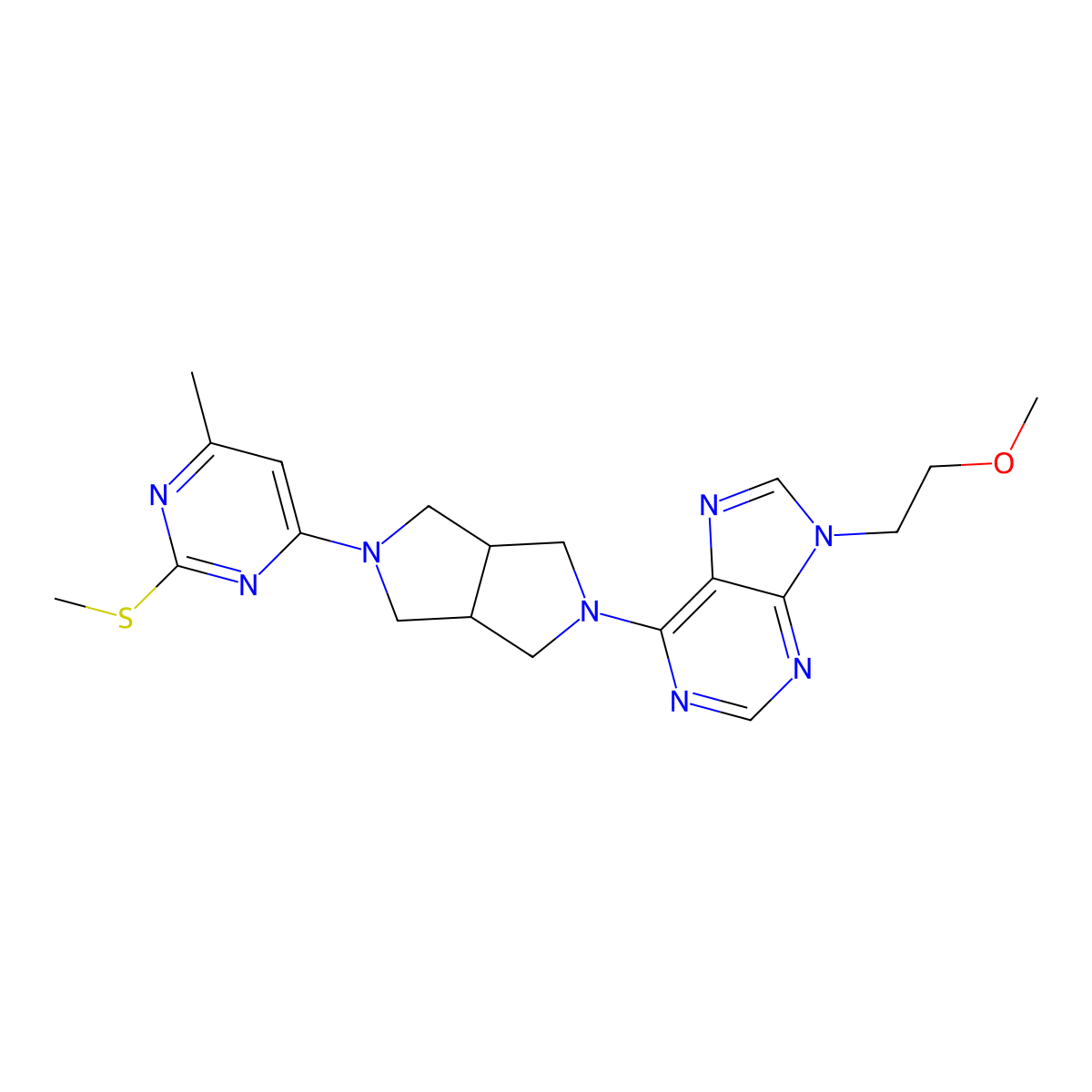 9-(2-methoxyethyl)-6-{5-[6-methyl-2-(methylsulfanyl)pyrimidin-4-yl]-octahydropyrrolo[3,4-c]pyrrol-2-yl}-9H-purine molecular structure, CAS 2742042-58-4