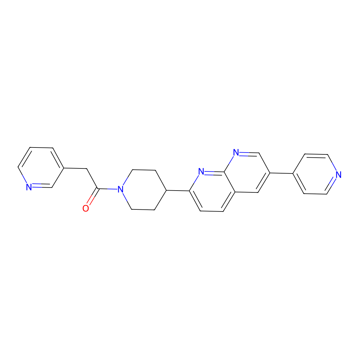 2-(Pyridin-3-yl)-1-{4-[6-(pyridin-4-yl)-1,8-naphthyridin-2-yl]piperidin-1-yl}ethan-1-one molecular structure, CAS 2742042-64-2