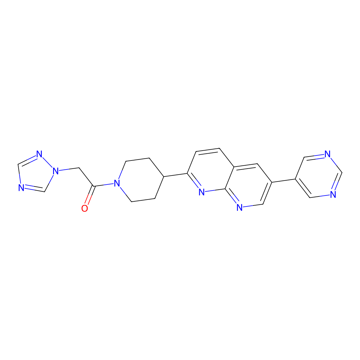 1-{4-[6-(pyrimidin-5-yl)-1,8-naphthyridin-2-yl]piperidin-1-yl}-2-(1H-1,2,4-triazol-1-yl)ethan-1-one molecular structure, CAS 2742042-69-7