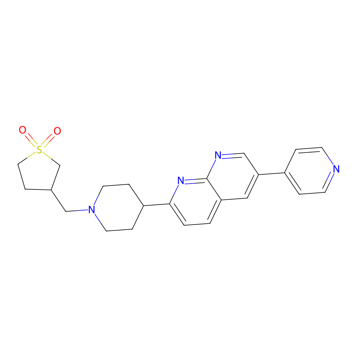 3-[[4-(6-Pyridin-4-yl-1,8-naphthyridin-2-yl)piperidin-1-yl]methyl]thiolane 1,1-dioxide molecular structure, CAS 2742042-85-7