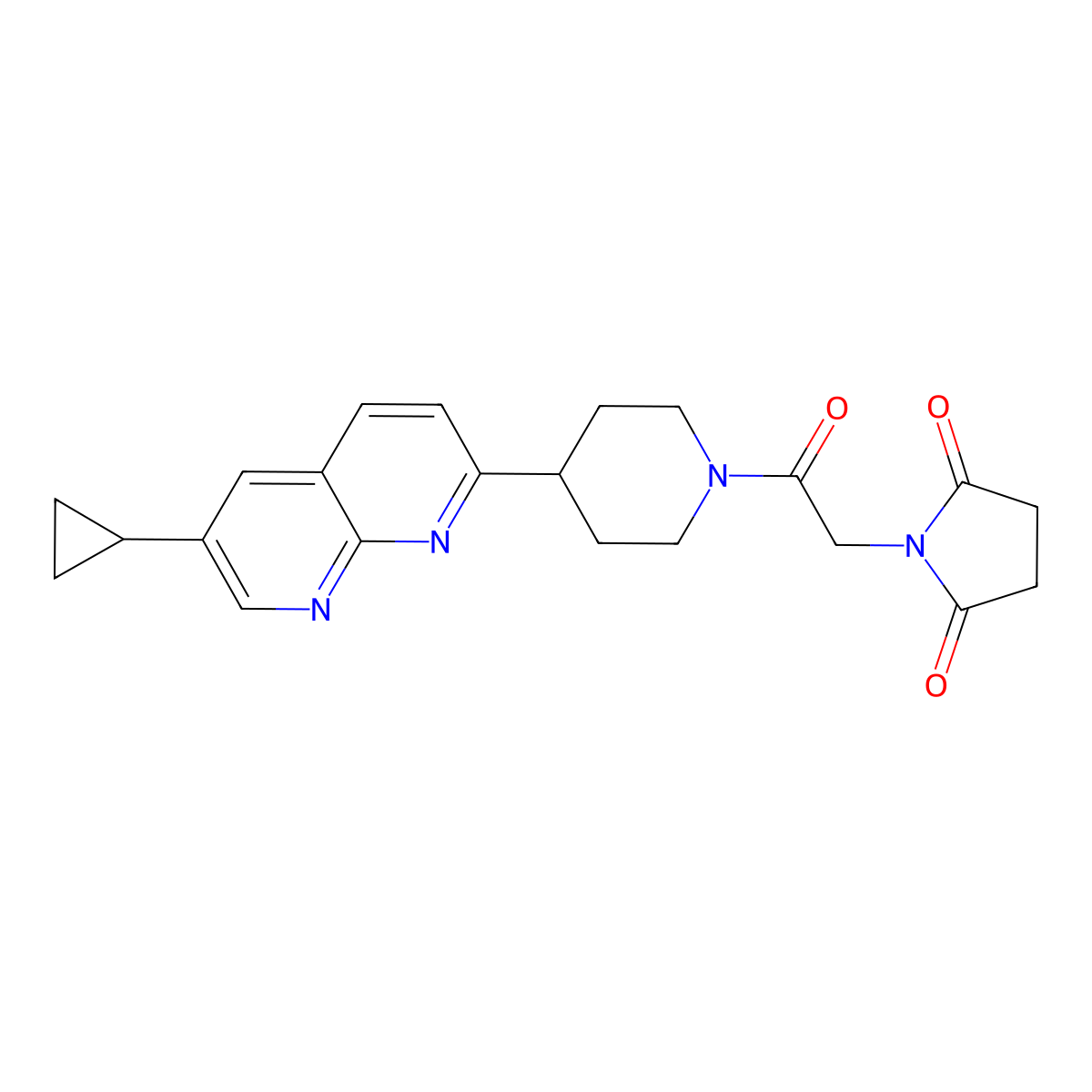 1-{2-[4-(6-Cyclopropyl-1,8-naphthyridin-2-yl)piperidin-1-yl]-2-oxoethyl}pyrrolidine-2,5-dione molecular structure, CAS 2742042-86-8