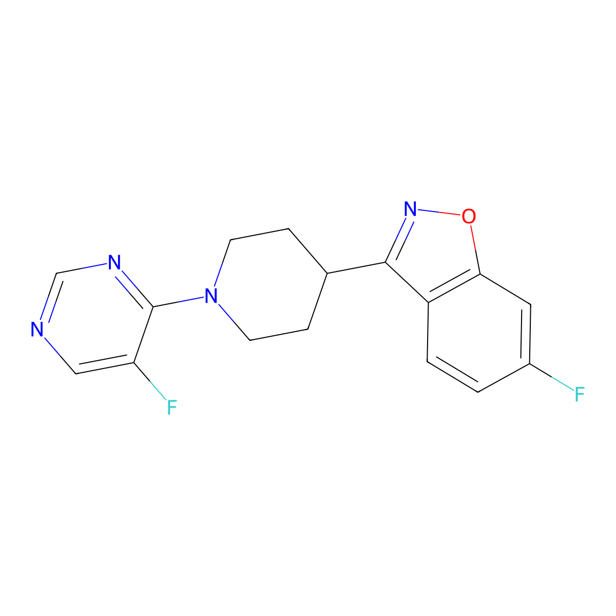 6-Fluoro-3-[1-(5-fluoropyrimidin-4-yl)piperidin-4-yl]-1,2-benzoxazole molecular structure, CAS 2742042-87-9
