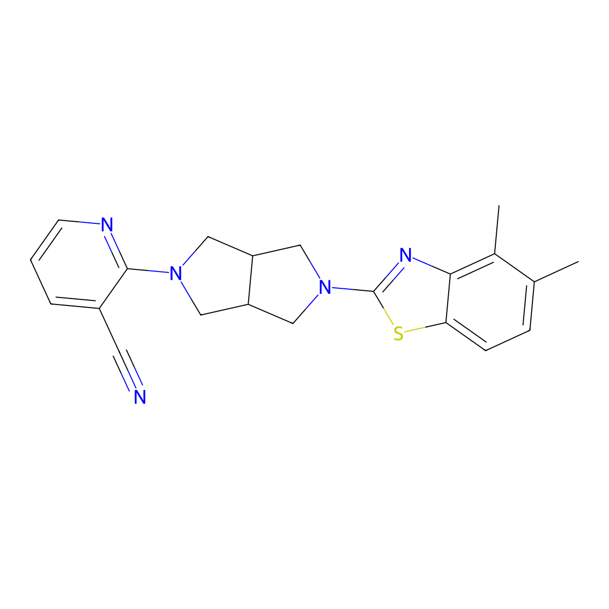 2-[5-(4,5-Dimethyl-1,3-benzothiazol-2-yl)-1,3,3a,4,6,6a-hexahydropyrrolo[3,4-c]pyrrol-2-yl]pyridine-3-carbonitrile molecular structure, CAS 2742042-91-5