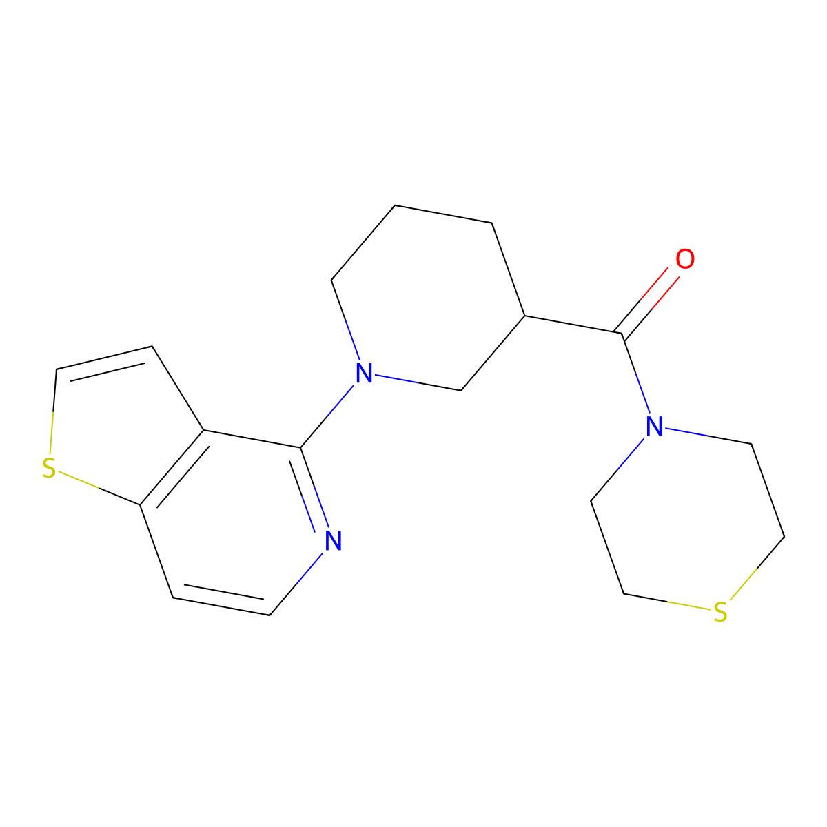 4-(1-{Thieno[3,2-c]pyridin-4-yl}piperidine-3-carbonyl)thiomorpholine molecular structure, CAS 2742042-99-3