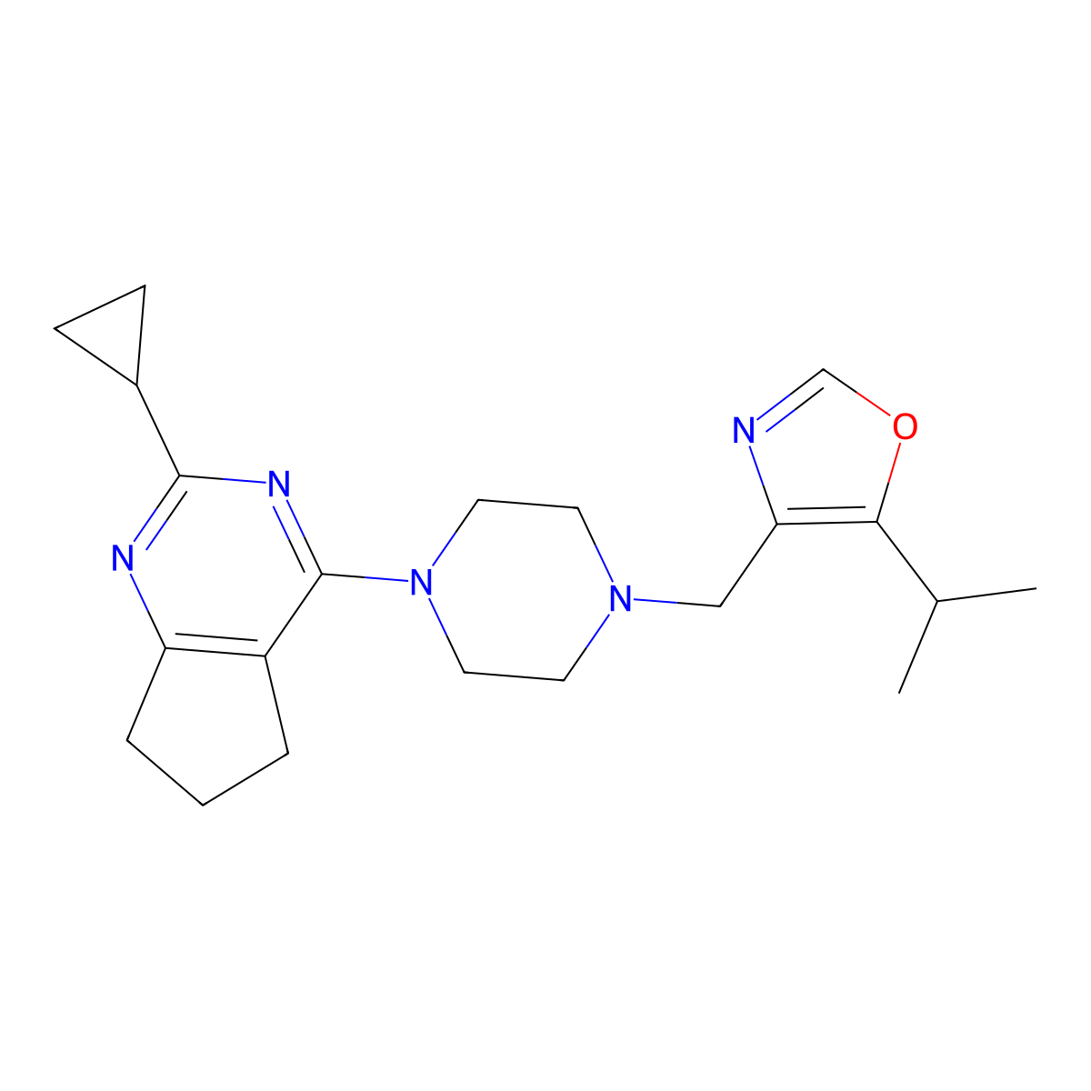1-{2-cyclopropyl-5H,6H,7H-cyclopenta[d]pyrimidin-4-yl}-4-{[5-(propan-2-yl)-1,3-oxazol-4-yl]methyl}piperazine molecular structure, CAS 2742043-07-6