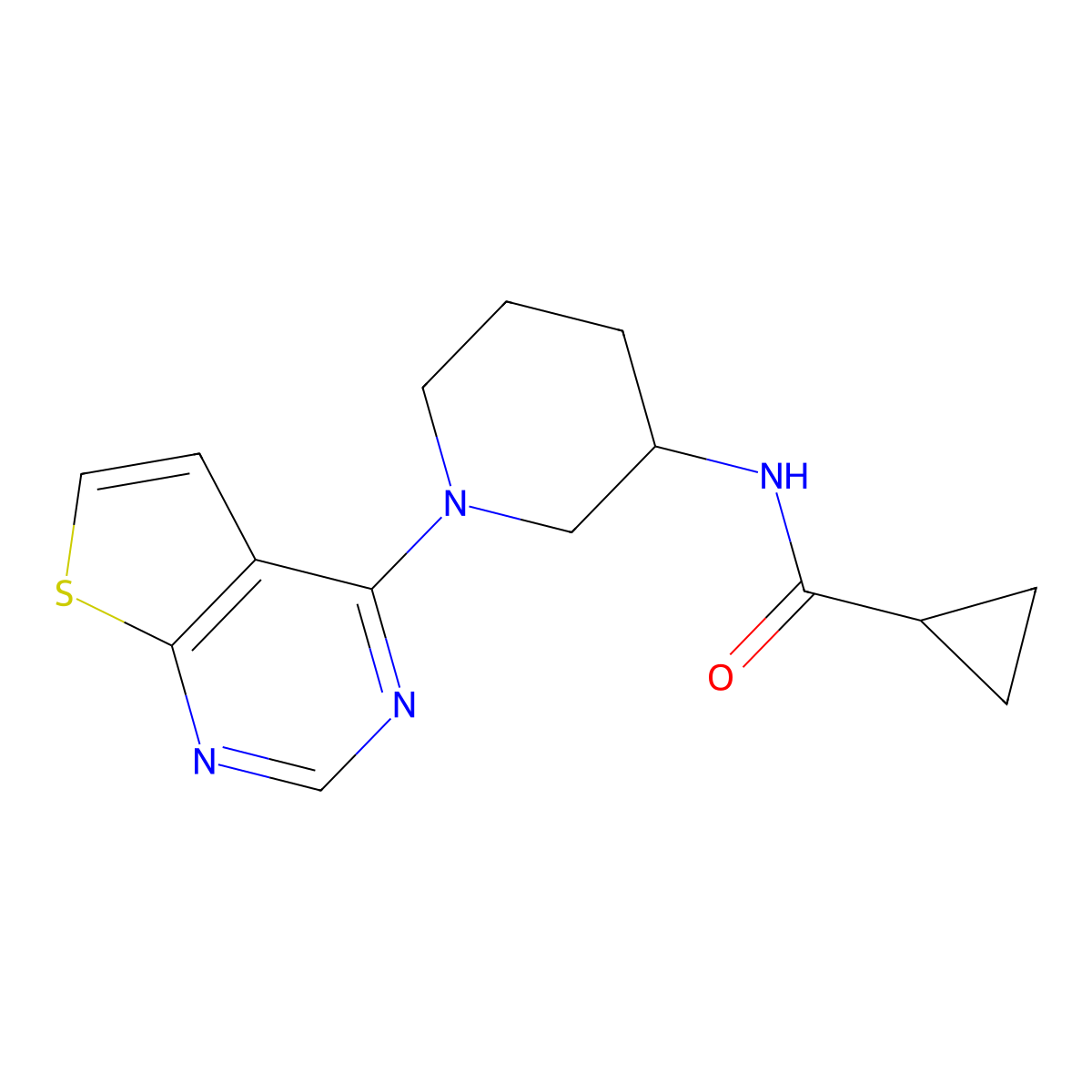 N-(1-{thieno[2,3-d]pyrimidin-4-yl}piperidin-3-yl)cyclopropanecarboxamide molecular structure, CAS 2742043-08-7