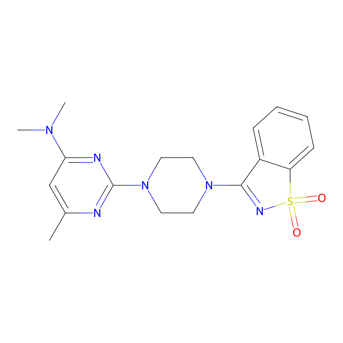 3-{4-[4-(Dimethylamino)-6-methylpyrimidin-2-yl]piperazin-1-yl}-1lambda6,2-benzothiazole-1,1-dione molecular structure, CAS 2742043-19-0