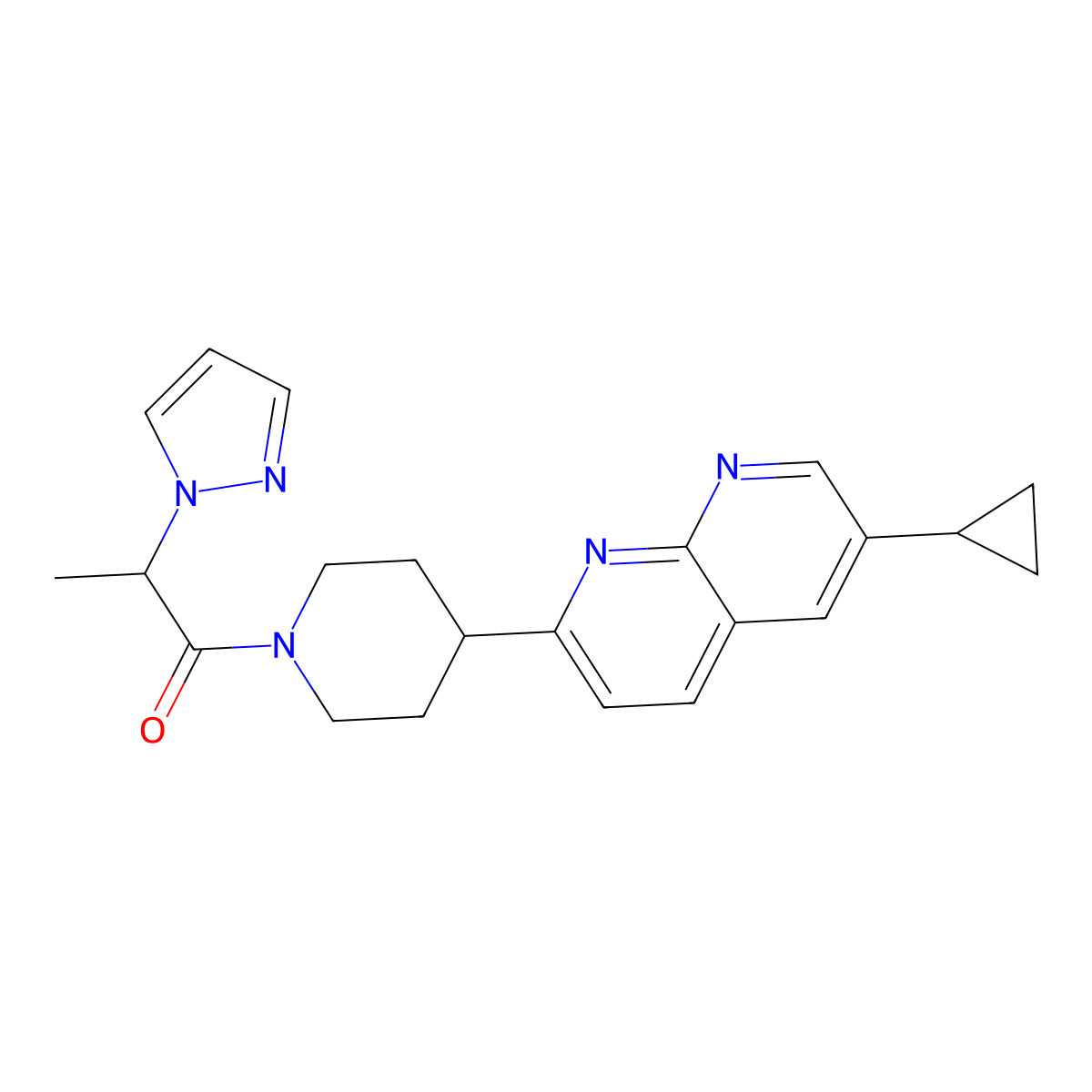 1-[4-(6-cyclopropyl-1,8-naphthyridin-2-yl)piperidin-1-yl]-2-(1H-pyrazol-1-yl)propan-1-one molecular structure, CAS 2742043-21-4