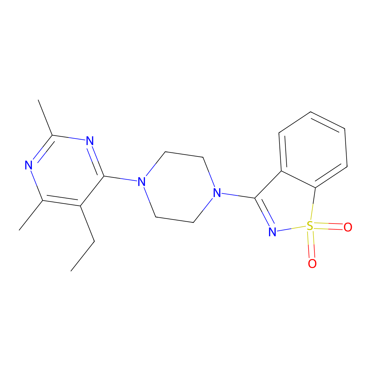 3-[4-(5-Ethyl-2,6-dimethylpyrimidin-4-yl)piperazin-1-yl]-1,2-benzothiazole 1,1-dioxide molecular structure, CAS 2742043-26-9