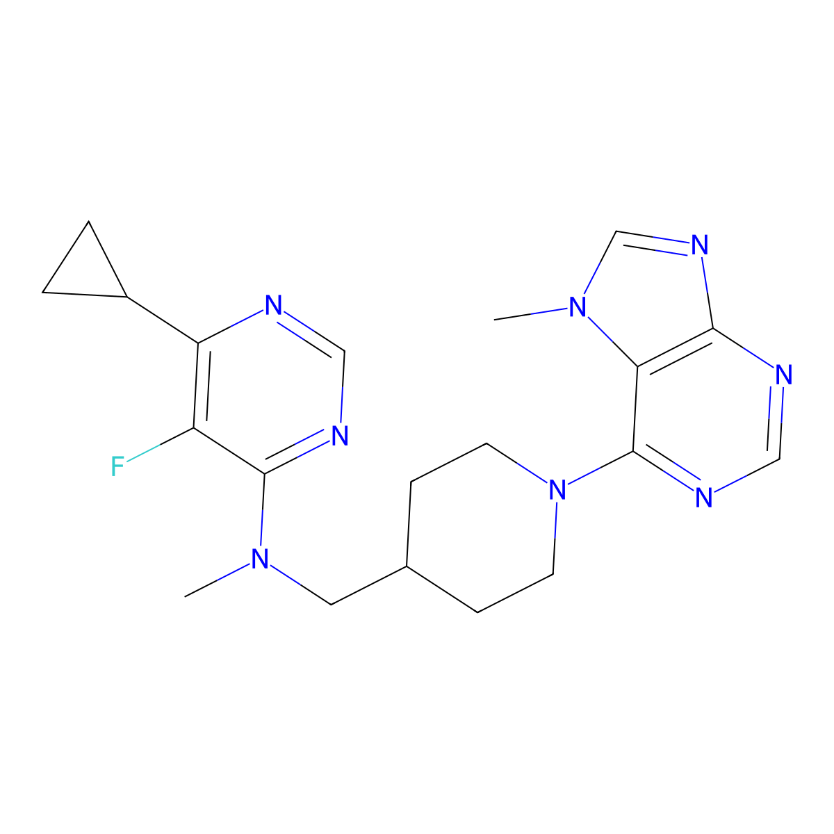 6-cyclopropyl-5-fluoro-N-methyl-N-{[1-(7-methyl-7H-purin-6-yl)piperidin-4-yl]methyl}pyrimidin-4-amine molecular structure, CAS 2742043-37-2