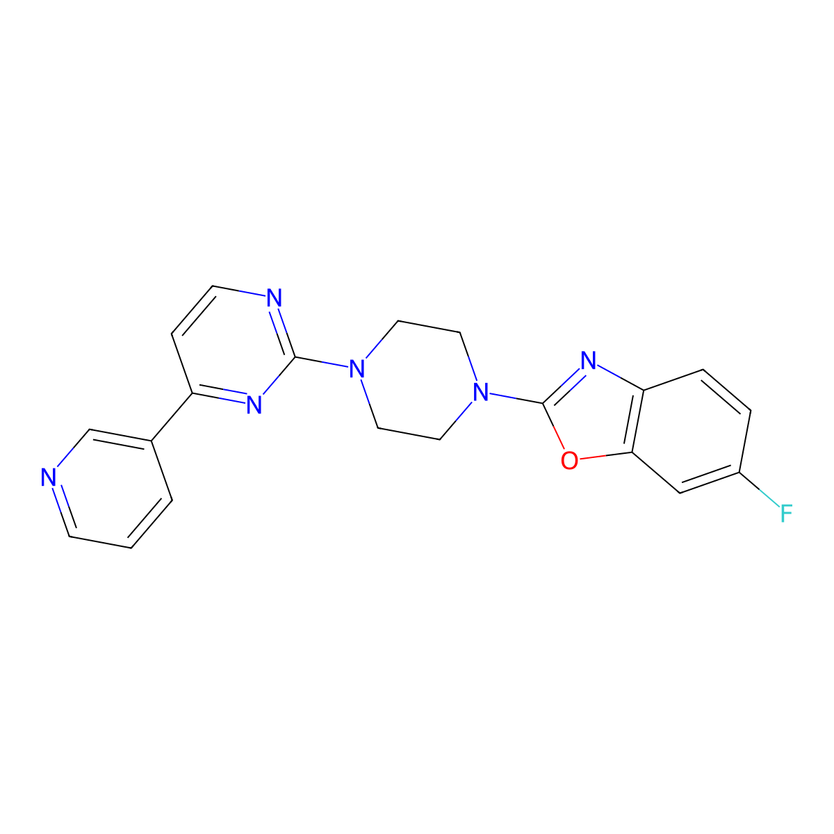 6-Fluoro-2-{4-[4-(pyridin-3-yl)pyrimidin-2-yl]piperazin-1-yl}-1,3-benzoxazole molecular structure, CAS 2742043-40-7
