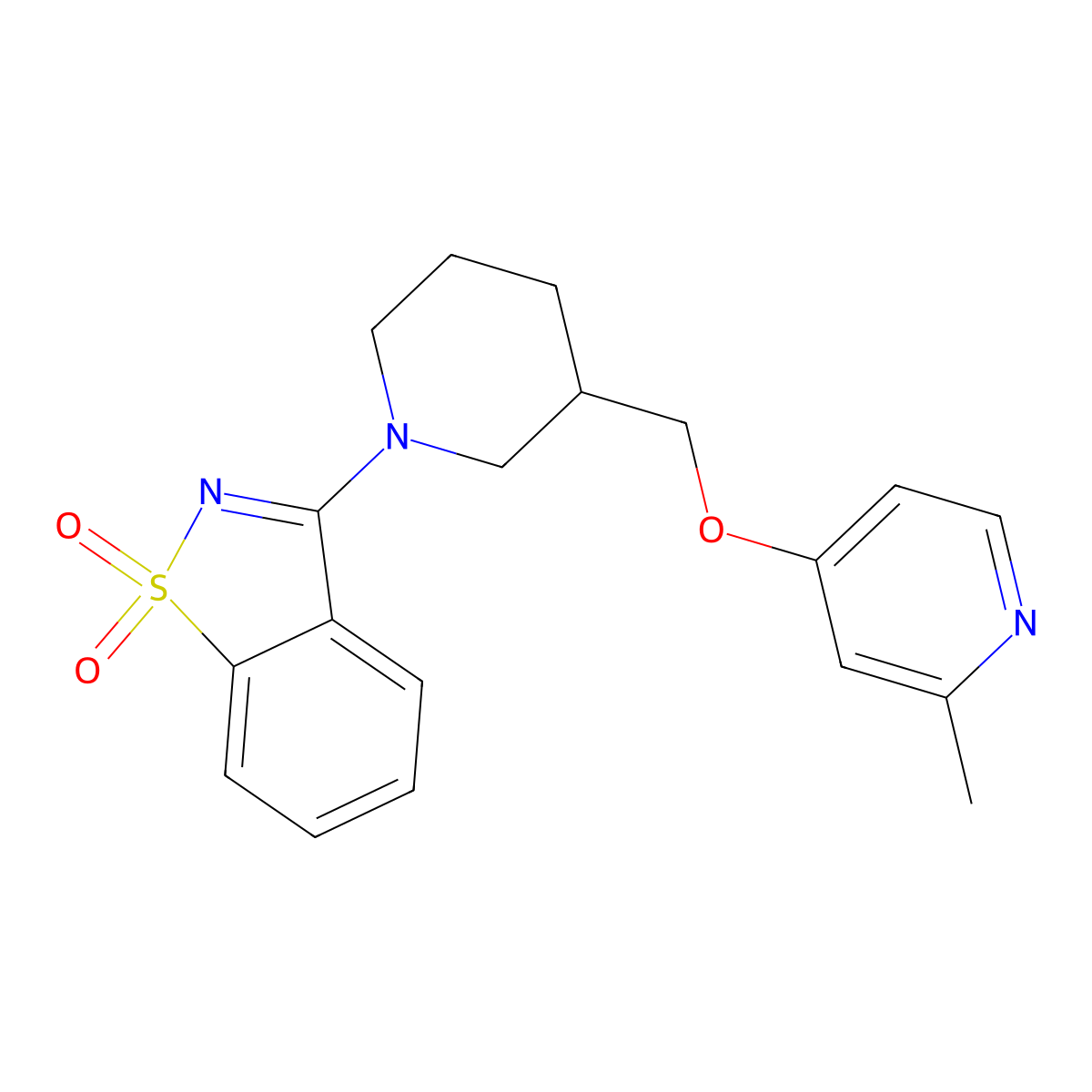 3-[3-[(2-Methyl-4-pyridinyl)oxymethyl]piperidin-1-yl]-1,2-benzothiazole 1,1-dioxide molecular structure, CAS 2742043-58-7