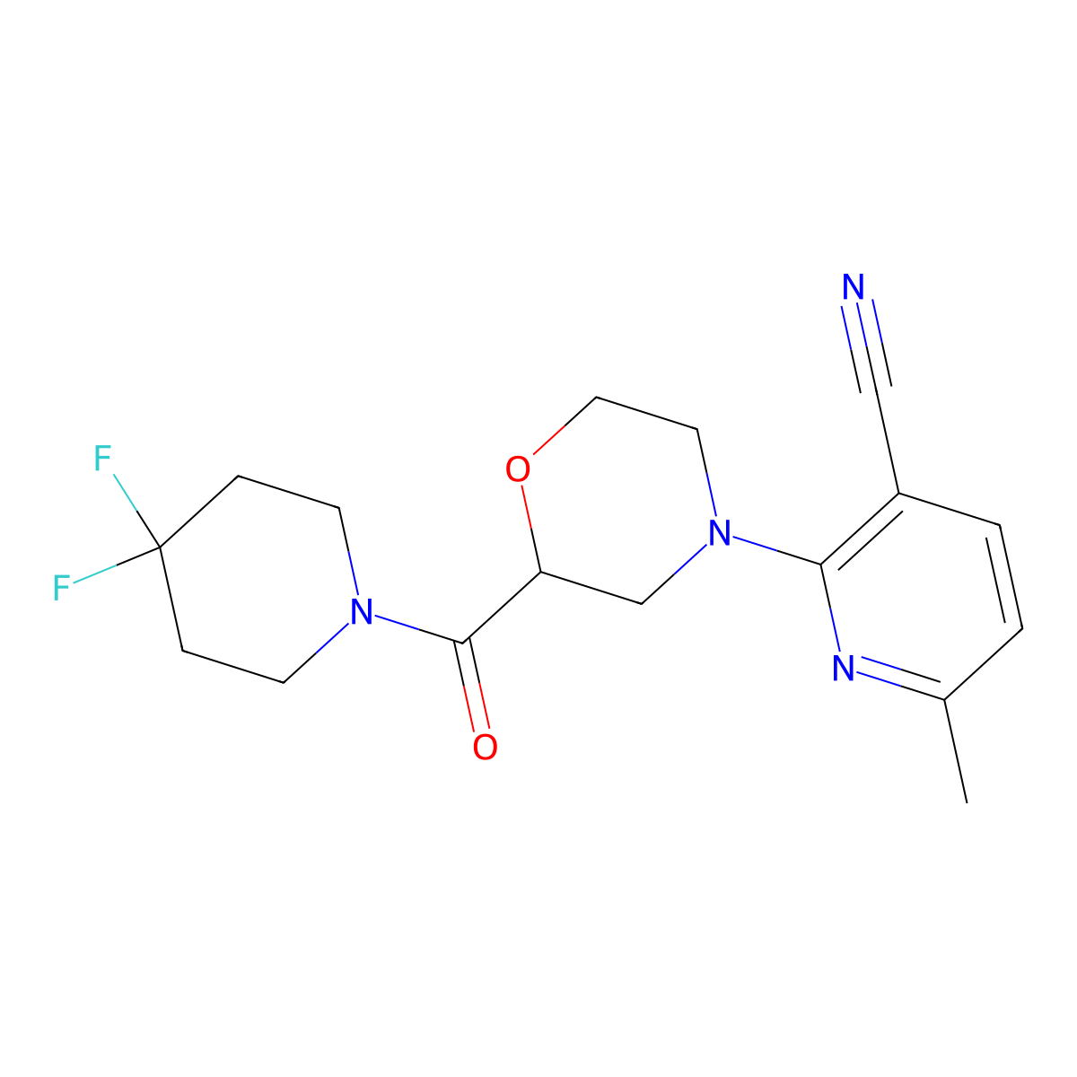 2-[2-(4,4-Difluoropiperidine-1-carbonyl)morpholin-4-yl]-6-methylpyridine-3-carbonitrile molecular structure, CAS 2742043-59-8