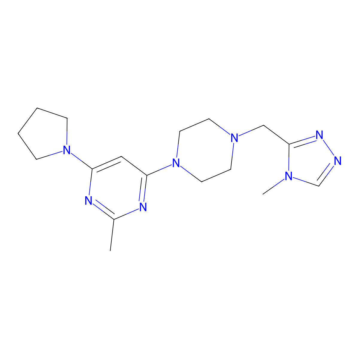2-methyl-4-{4-[(4-methyl-4H-1,2,4-triazol-3-yl)methyl]piperazin-1-yl}-6-(pyrrolidin-1-yl)pyrimidine molecular structure, CAS 2742043-66-7