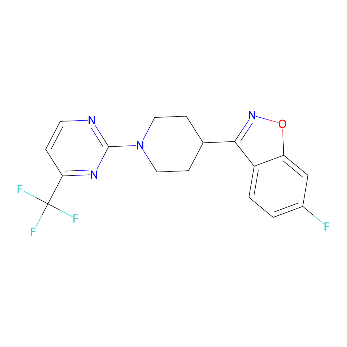6-Fluoro-3-{1-[4-(trifluoromethyl)pyrimidin-2-yl]piperidin-4-yl}-1,2-benzoxazole molecular structure, CAS 2742043-71-4