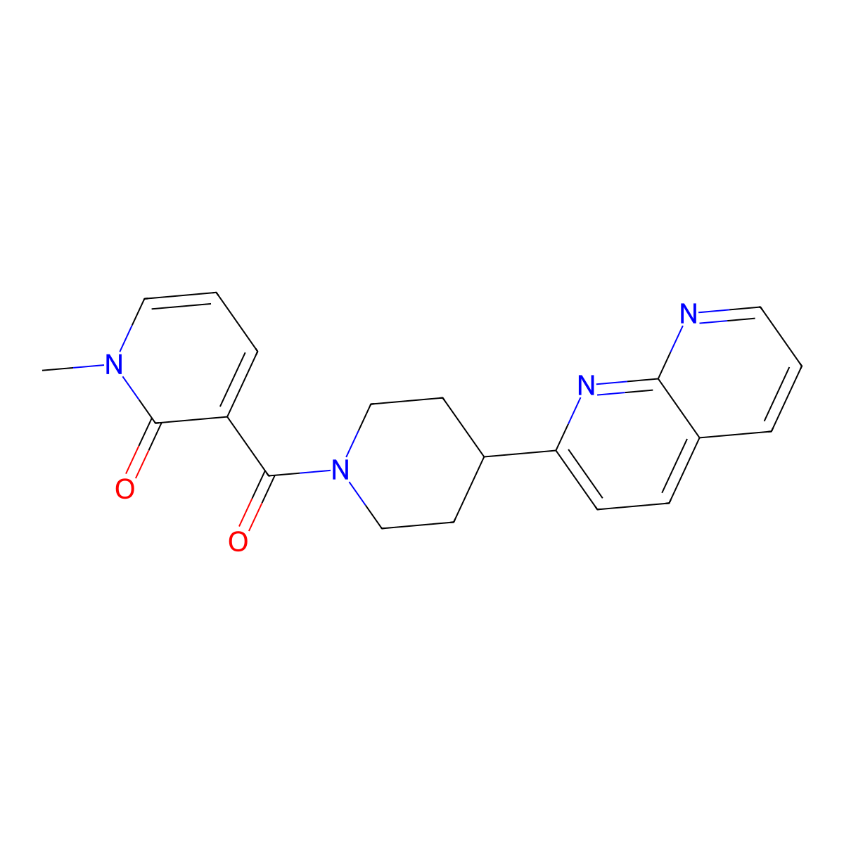 1-Methyl-3-[4-(1,8-naphthyridin-2-yl)piperidine-1-carbonyl]-1,2-dihydropyridin-2-one molecular structure, CAS 2742043-74-7